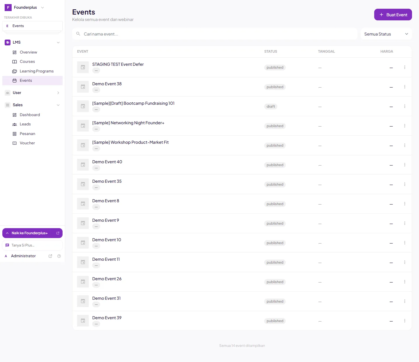 Daftar event pada panel admin