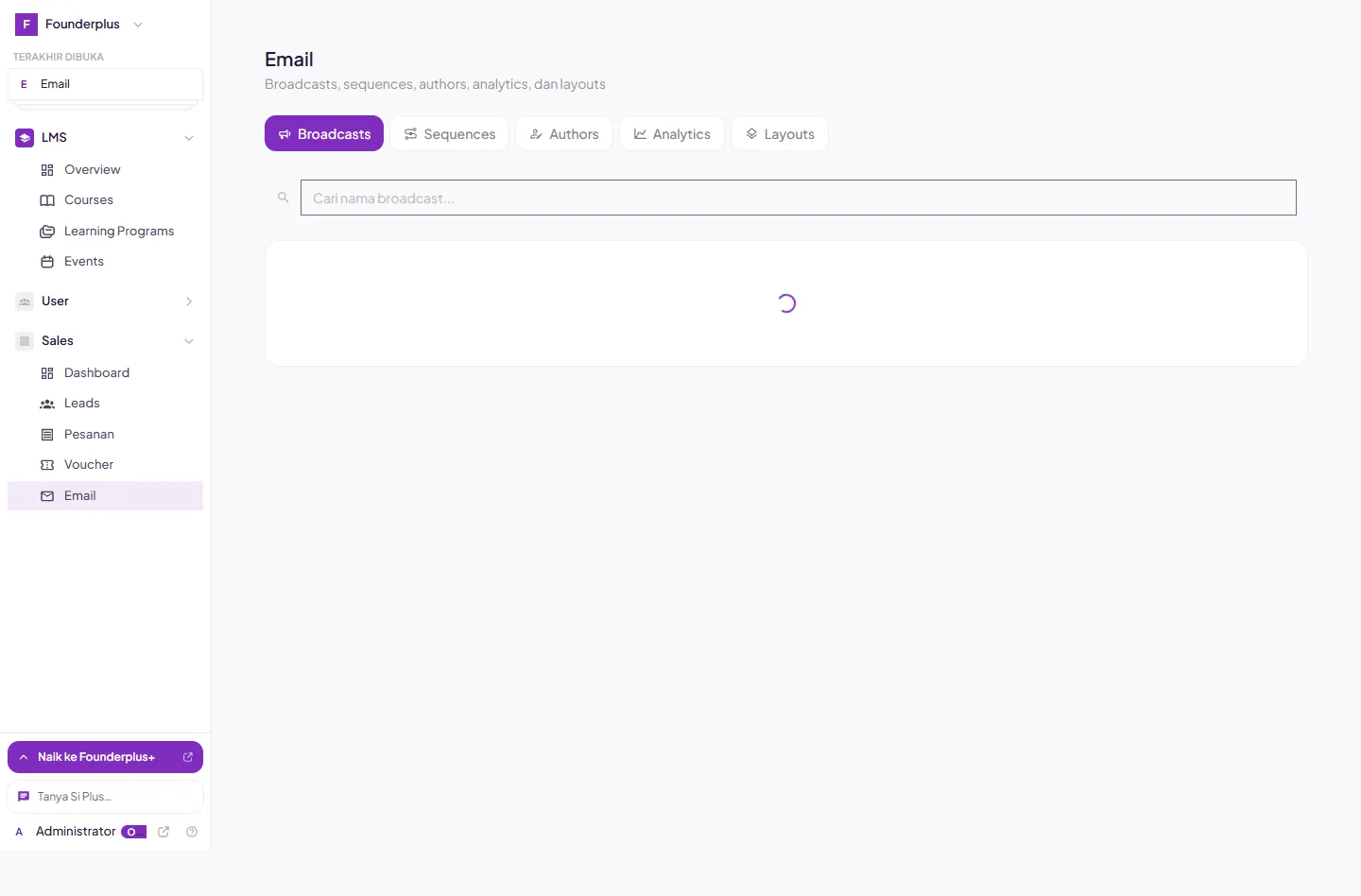 Modul Email dengan tab Broadcasts, Sequences, Authors, Analytics, Layouts