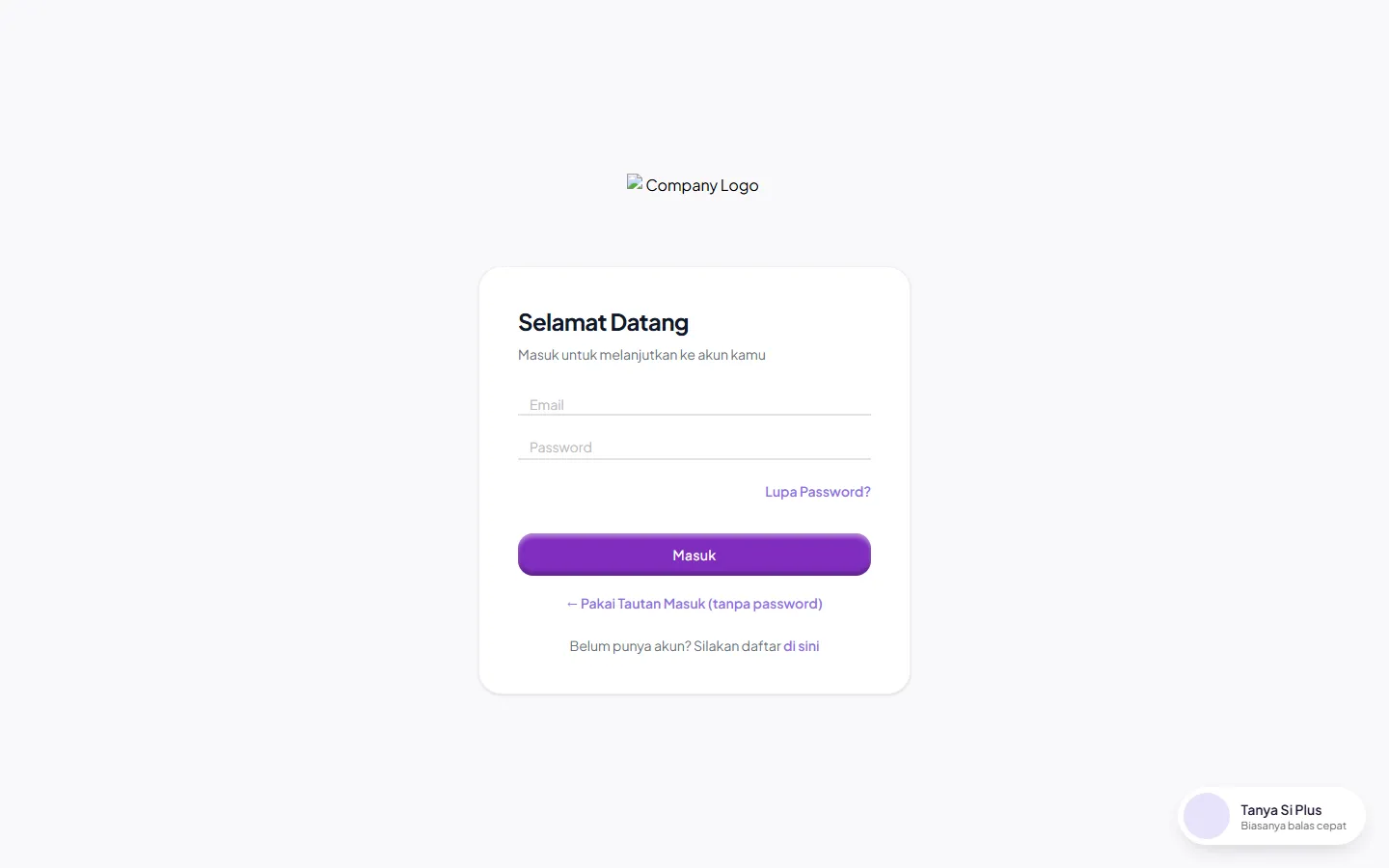 Halaman login Founder+ Academy dengan kolom Email dan Password