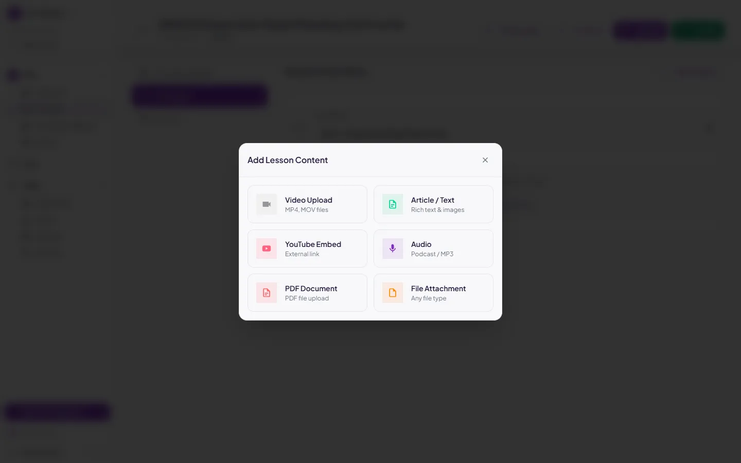 Pilihan tipe materi: Video, Artikel, YouTube, Audio, PDF, File