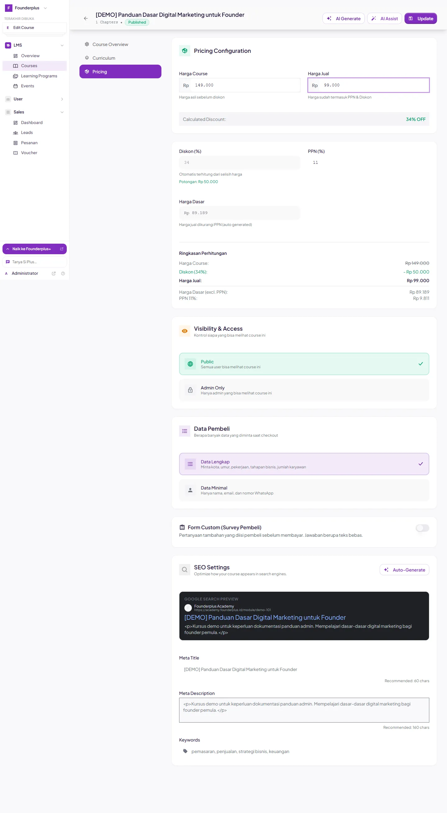 Kursus dengan status Published di halaman editor