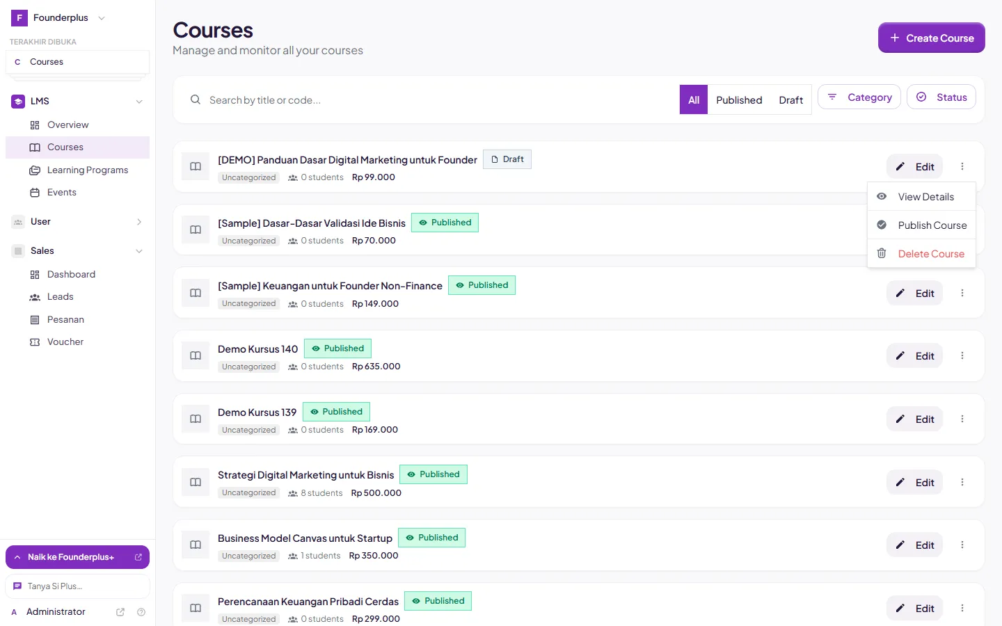 Menu titik-tiga pada baris kursus: View Details, Publish Course, Delete Course